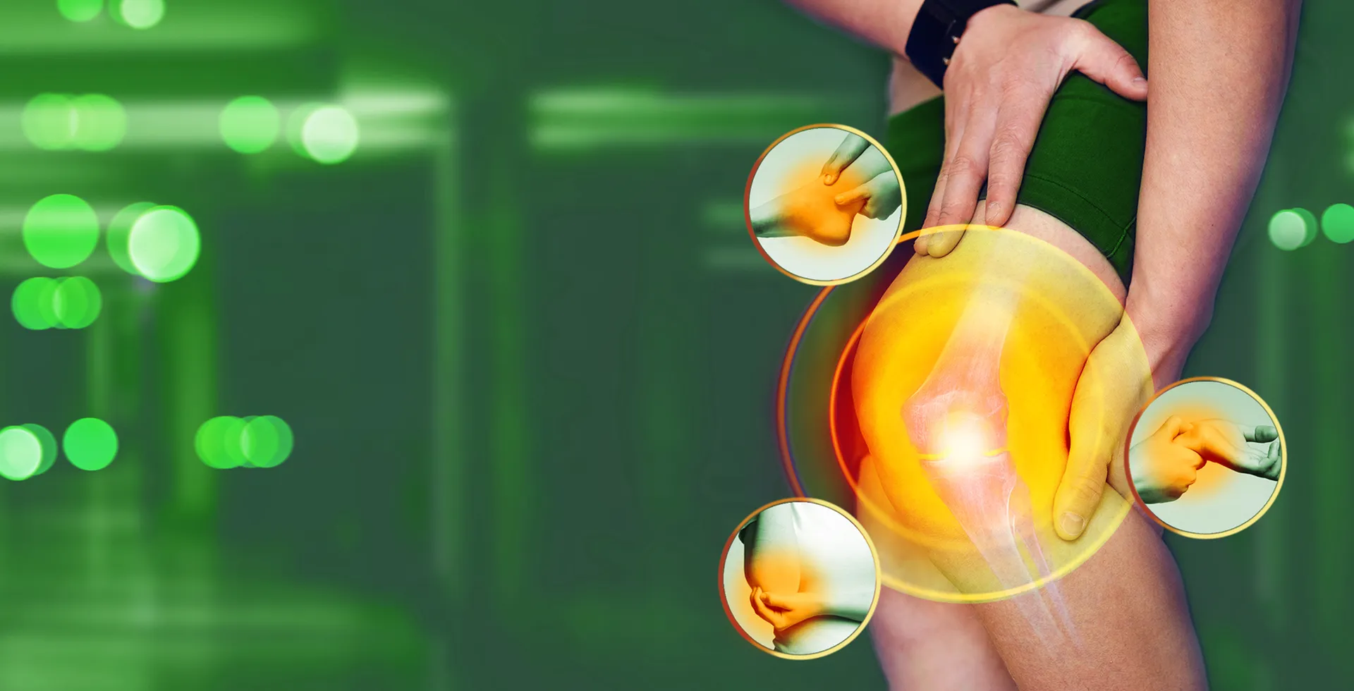 Personne tenant son genou douloureux avec les deux mains. Les os du genou sont visibles. Une pastille orangée indique la douleur. Autour, images d'une cheville, d’un coude et d’un poignet endoloris.