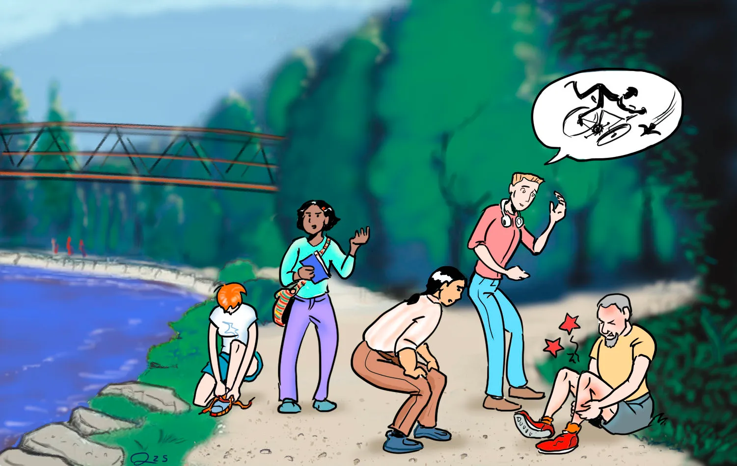 Le groupe de jeunes est près d’un homme aux cheveux gris, assis au sol, et qui ressent une douleur à la jambe. Il y a un phylactère près de Bernard. Dans le phylactère, il y a un oiseau qui passe devant un vélo et une personne qui chute du vélo.