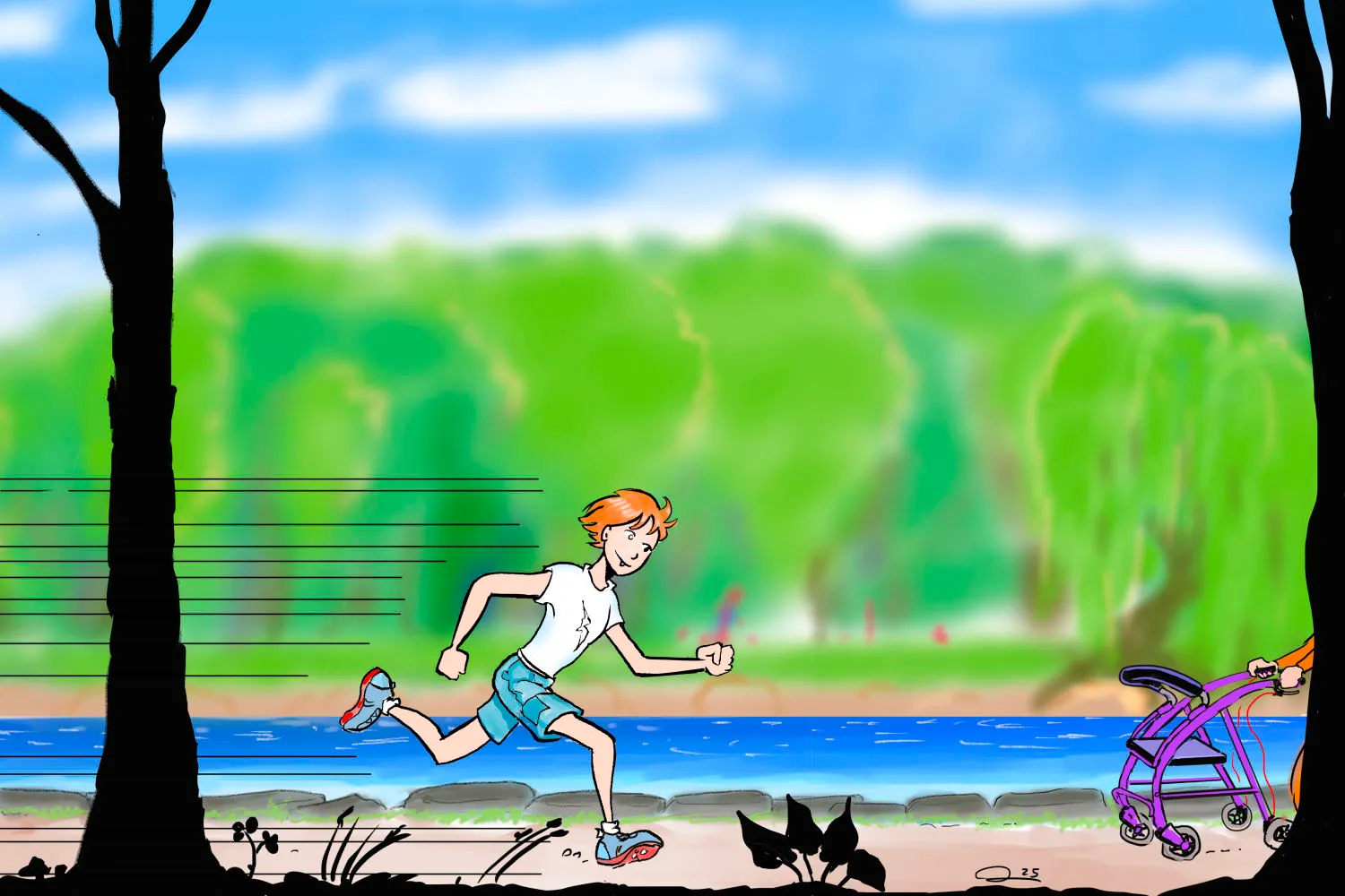 Sophie court dans le sentier. Elle croise une personne qui utilise un déambulateur.