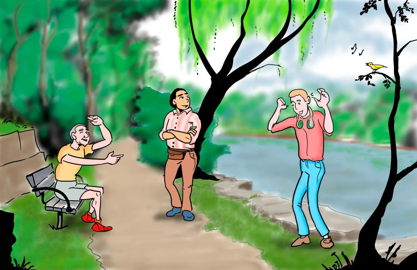 Georges, l’homme qui s’était blessé à la jambe, est assis sur un banc du parc. Il gesticule et rit. Bernard parle et rit également, tandis que Jérémie les écoute.