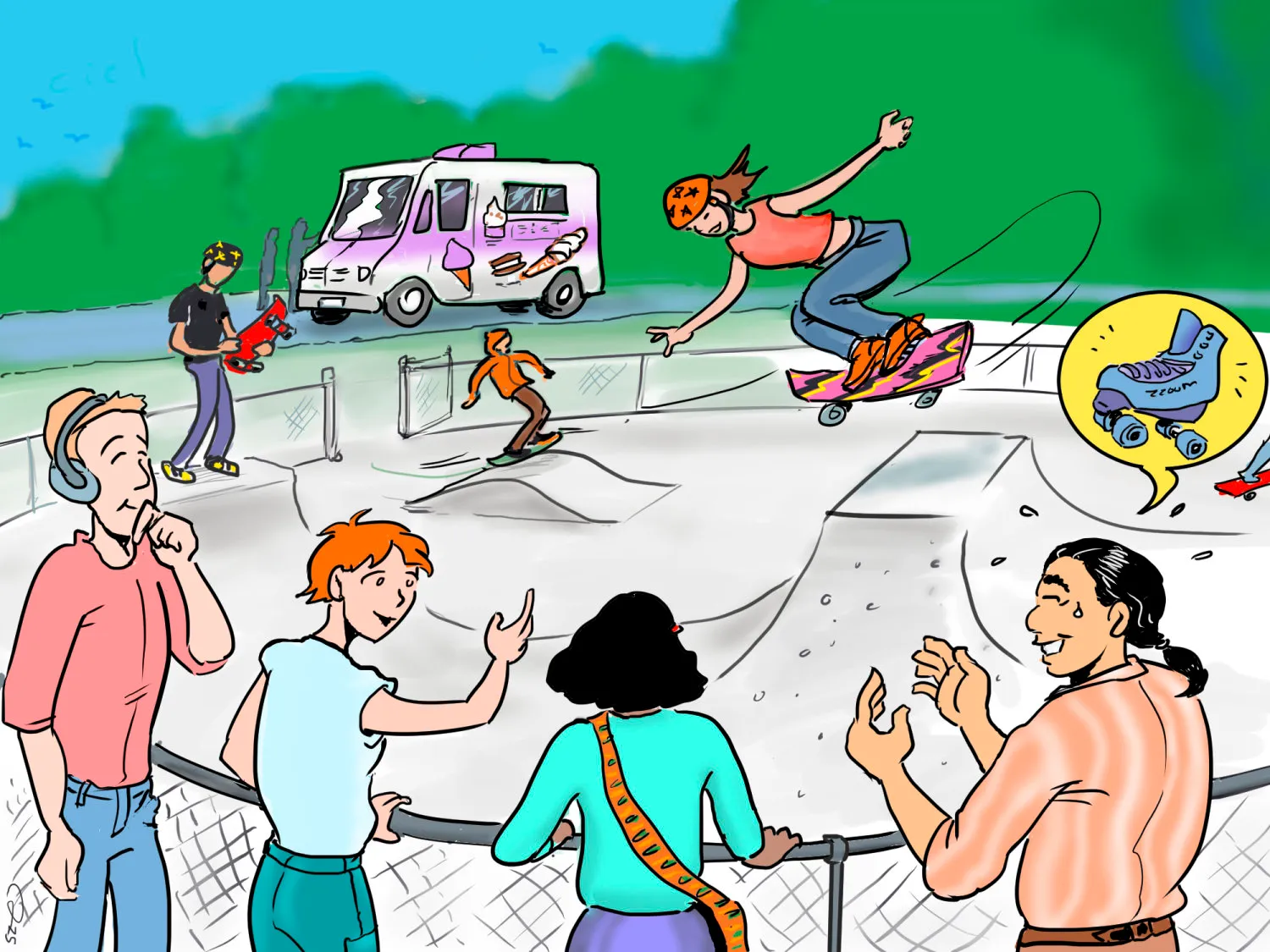 Les jeunes sont devant un parc de planche à roulettes. Des adolescentes et des adolescents qui portent un casque de protection font des acrobaties avec leur planche à roulettes. Il y a un phylactère au-dessus de Jérémie qui montre un patin à roulettes.