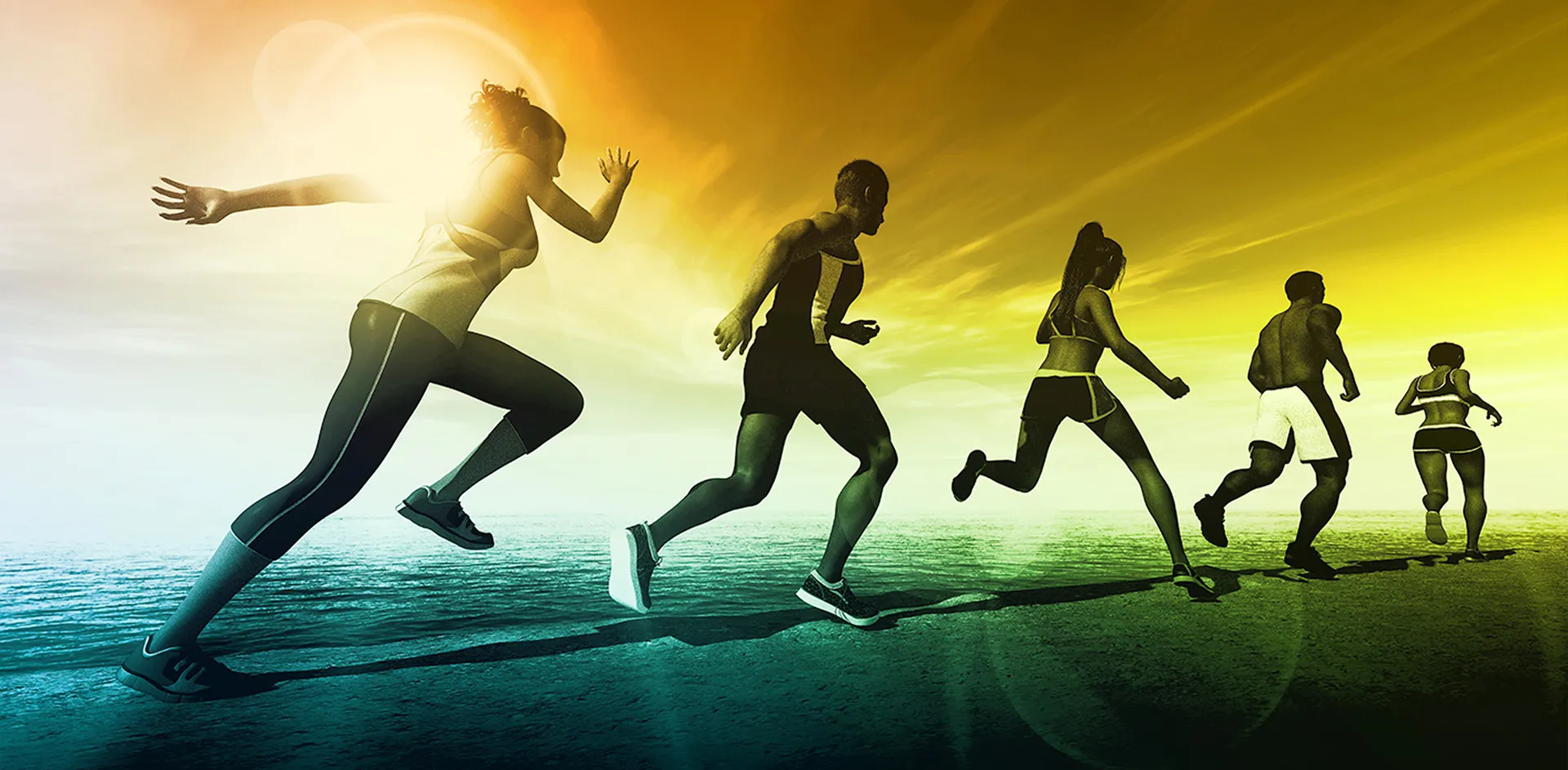 Il y a cinq personnes qui courent sur une plage.