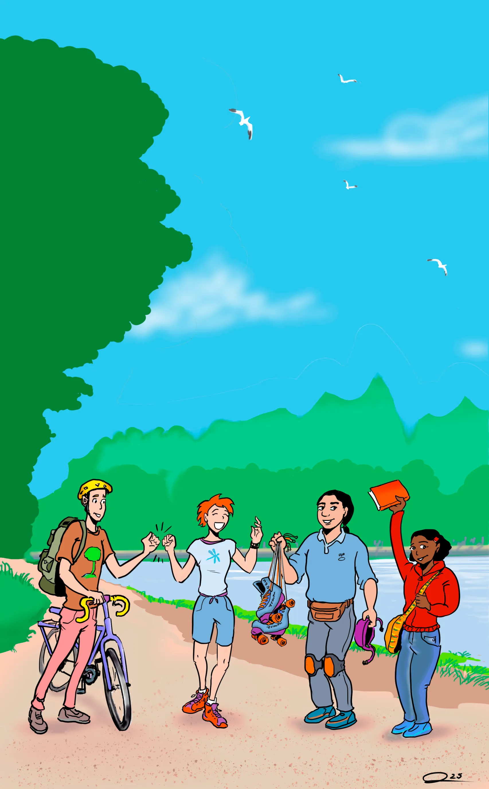 Sur un sentier longeant une rivière, Bernard tient un vélo, Sophie est en tenue de course, Jérémie a des patins à roulettes et un équipement de protection, et Fabienne tient un livre, portant un coupe-vent, des chaussures de marche et un sac à bandoulière.