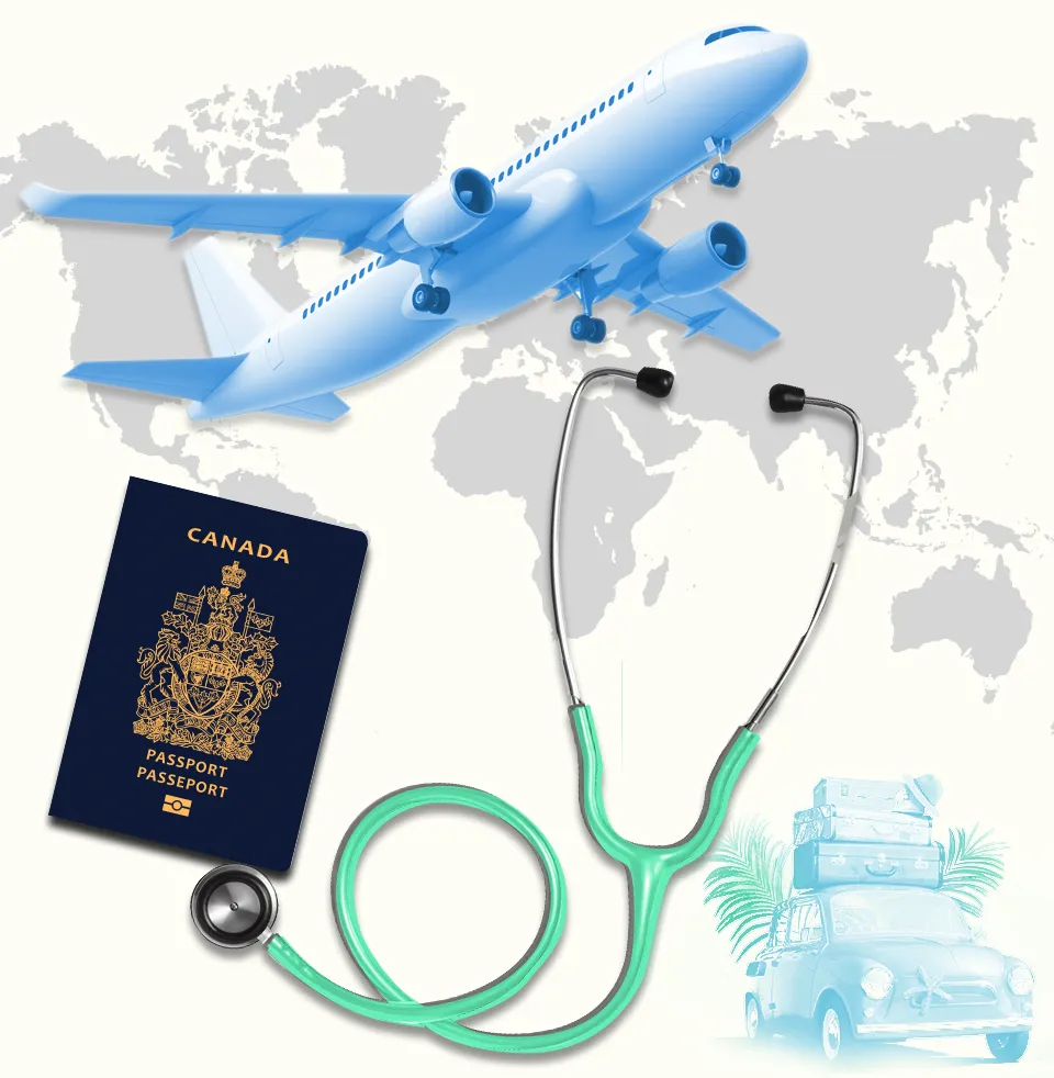 Un montage-photo. Il y a une carte du monde, un avion, un passeport, un stéthoscope et une voiture ayant une pile de valises sur son toit.