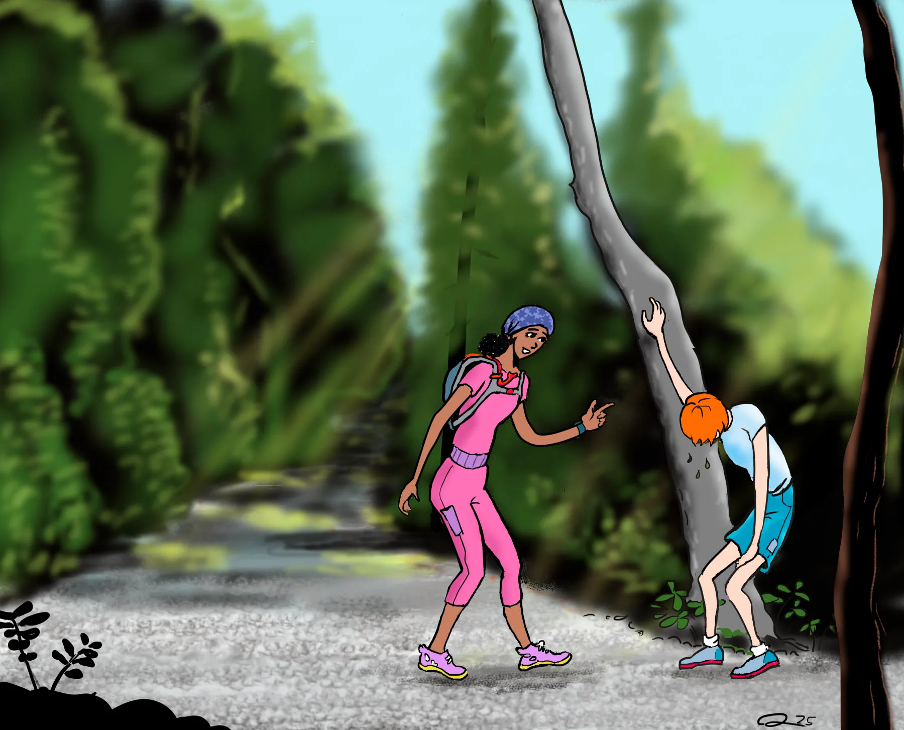 Sophie est appuyée contre un arbre. Elle semble épuisée. Une femme, Nadège, s’adresse à elle. Elle porte des vêtements de course et un sac-gourde.