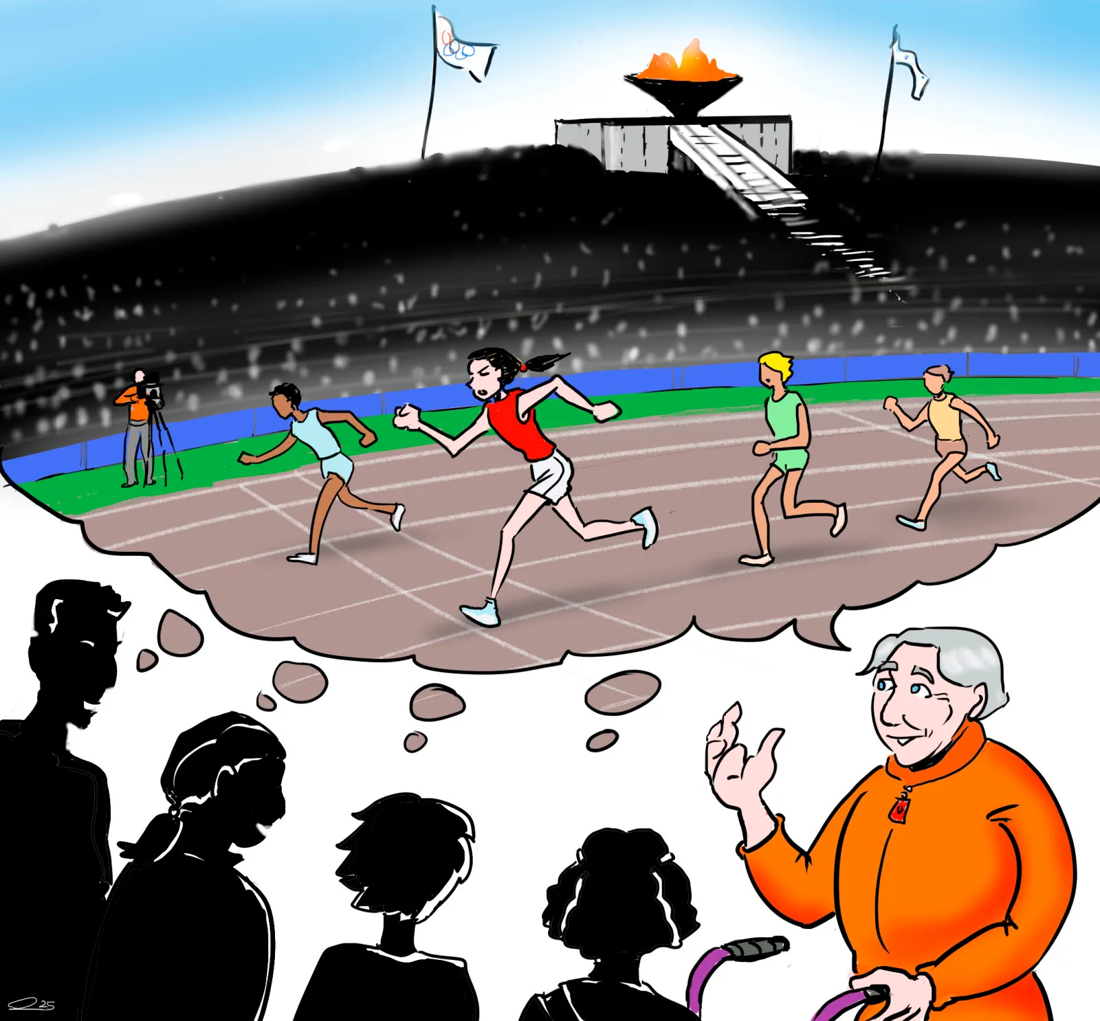 Madame Franke, qui utilise un déambulateur pour marcher, parle au groupe. Un phylactère, au-dessus de sa tête, la montre alors qu’elle était jeune et qu’elle prenait part à une épreuve de course aux Jeux olympiques.