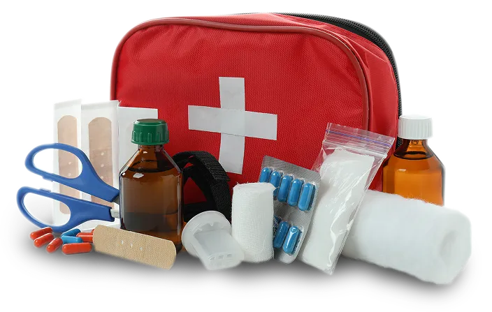 Une trousse de premiers soins comportant notamment des bandages, une paire de ciseaux, des pansements adhésifs, des médicaments.